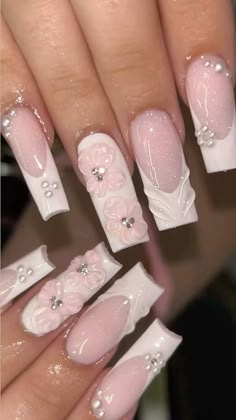 #pink #girly #flowers #nails #nailart #coquette White Ombré Nails With Design, Medium Quince Nails, Princess Nails Aesthetic, Quince Nails Pink, Flared Nails, Quinceanera Nails, Summery Nails, Girly Acrylic Nails, Pretty Gel Nails