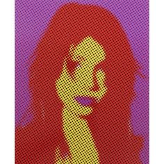 a woman with long red hair is shown on a purple and pink background, in the style of pixel art