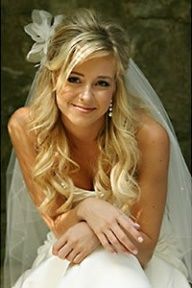 a woman in a wedding dress posing for a photo with her hair down and wearing a veil