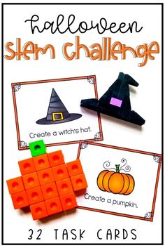 This October Stem Challenge task cards are perfect to use with LEGO® bricks, snap cubes, play dough and any other building supplies you have! They will become a staple for your Makerspace Lab, STEM centers or classroom party! You will find Halloween themed challenges. There are 32 unique task cards included with 4 per page. Halloween Stem Challenge, Stem Task Cards, Halloween Classroom Door, Stem Centers, Halloween Stem, Snap Cubes, Halloween Science, Stem Lesson