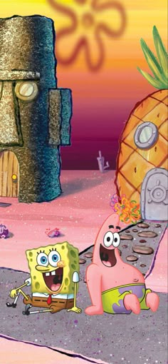 spongebob and patrick in front of a pineapple house with an oven on the ground