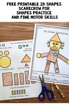 Free printable 2D shapes scarecrow worksheets for shapes practice and fine motor skills. Pin The Nose On The Scarecrow, Kindergarten 2d Shapes, Build A Scarecrow Printable, Thanksgiving Shape Activities, Shape Scarecrow, 2d Shapes Kindergarten, Aftercare Ideas, Fall Kindergarten Crafts, Shape Anchor Chart