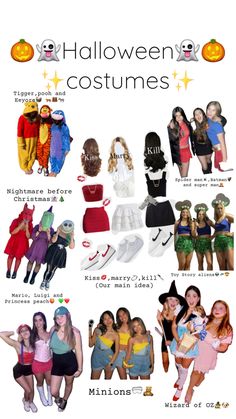 halloween costumes for girls and boys are shown in this graphic style, with the names on them