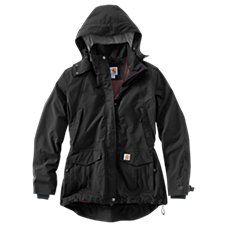 With the Carhartt� Shoreline Jacket for Ladies, you don't have to let Mother Nature plan your day. This Carhartt hooded rain jacket is made with a highly breathable Storm Defender� waterproof membrane, mesh lining, and fully-taped seams to seal out the moisture. It has a detachable drawcord hood with barrel locks, as well as a drawcord-adjustable, drop-tail hem for added coverage. Hook-and-loop cuffs keep out rain, and interior storm cuffs with thumbholes keep sleeves in place. Ample storage opt Summer Coat, Carhartt Womens, Hooded Rain Jacket, Carhartt Women, Plus Size Coats, Work Jackets, Black Media, Outerwear Women, Winter Collection