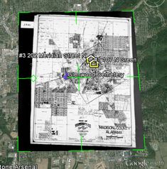 an aerial map shows the location of two buildings in this area, and is marked with green