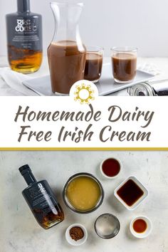 homemade dairy free irish cream recipe on a white table with bottles and spoons next to it