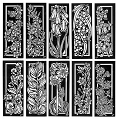 six panels with flowers and leaves on them, each panel is drawn in black ink