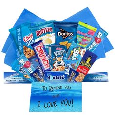 i love you gift basket with candy, chips, and cards for him or her