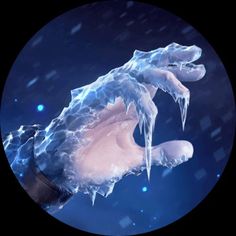 an ice - covered hand is shown in the middle of a circular frame with water droplets on it