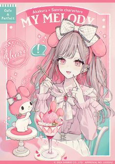 an anime character with long hair holding a pink ice cream sundae