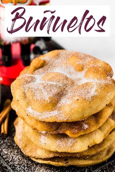 a stack of cinnamon sugar cookies with the words bunnies above it and an image of cinnamon powdered sugar on top