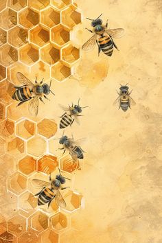 Cute Bee Design, Bee Hive Art Illustration, Honeybee Wallpaper, Honey Bee Aesthetic, Insect Background, Bee Background, Painted Bee Hives, Bee Aesthetic