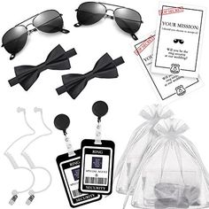 various items that include sunglasses and tags