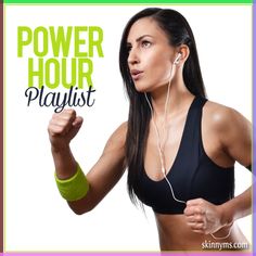 a woman wearing headphones and running with the words power hour playlist in front of her