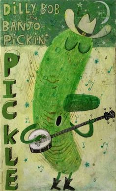 a painting of a green pickle holding a guitar