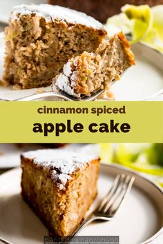 two slices of cinnamon spiced apple cake on white plates