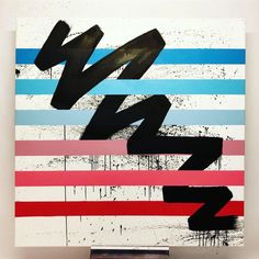 an abstract painting with black, blue, pink and red stripes on it's surface