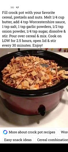 a crock pot filled with cheesy crackers on top of a table