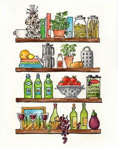 a watercolor and ink drawing of shelves filled with bottles, bowls, vegetables and fruit