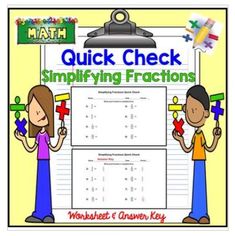 a math worksheet with two people holding puzzles and the words quick check simplifying fractions