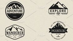 four logos for the adventure company, with mountains in the background and snow capped peaks