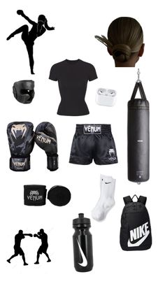 various items are arranged in the shape of a woman's head and torso, including boxing gloves