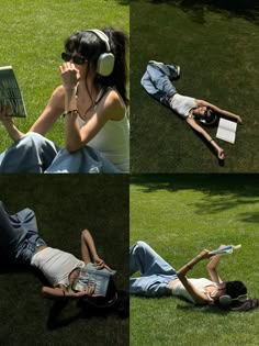 four pictures of people laying in the grass with headphones on and reading books while listening to music