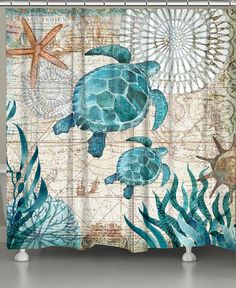 a shower curtain with an image of a turtle and starfish on the ocean floor