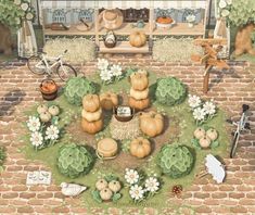 a painting of a garden with pumpkins and other things on the ground in front of it