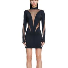 Mugler H&M. Fitted Mini Dress In Stretch Jersey With Sheer, Sculpting Mesh Panels. Designer’s Logo At Front, High Neck, And A Zipper At Back With Star-Shaped Zipper Pull And Concealed Hook-And-Eye Fastener. Extra-Long Sleeves. Brand New In Packaging. Fitted Dresses With Mesh Sleeves For Night Out, Sheer Fitted Mini Dress For Cocktail, Black Mesh Dress With Mesh Sleeves For Club, Black Sheer Mini Dress For Club, Black Bodycon Dress With Mesh Sleeves For Club, Black Fitted Mesh Cocktail Dress, Black Long Sleeve Mesh Dress For Club, Black Sheer Dress For Club, Fitted Black Sheer Dress