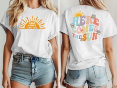 Here Comes The Sun T-Shirt, Summer Vacation T-Shirt, Sunshine T-Shirt, Gift for Her, Summer T-Shirt For Women, Motivational Shirt, Trip Shirt Welcome to TeeDesignUS! We have selected the most special products for you and are at your service. We are here for everything you need. We wish you pleasant shopping! PRODUCT DETAILS We use Bella Canvas and Gildan SoftStyle brand shirts for printing. *Bella Canvas -unisex size -4.2 oz. -Solid colors are 100% Combed Cotton and Ring-Spinned Cotton. -Athletic Heather 90% Combed and Ring-spun Cotton, 10% Polyester -All Heather CVC Colors 52% Combed and Ring-Spinned, 48% Polyester *Gildan SoftStyle -unisex size -Sport Gray : 4.5 oz/yd² | 90% Ring Cotton / 10% Polyester -Heather Navy, Heather Burgundy, Heather Galapagos Blue, Dark Heather : 4.5 oz/yd² | 6 Church Camp, Summer Humor, School Tees, Vacation Bible School, Brand Shirts, Bible School, Head Start, Travel Shirts, Teacher Tshirts