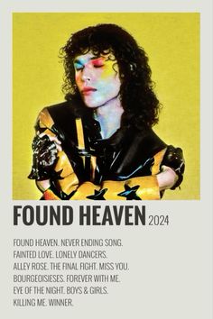 a poster with the words found heaven written in black and white on it, including an image of a woman holding a microphone