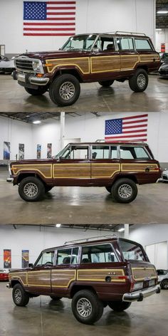 four different pictures of jeeps in a garage with american flags on the wall behind them