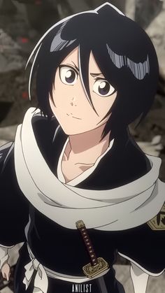 an anime character with black hair and white collar