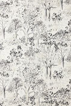 an image of a wallpaper with trees and bushes in black and white colors on it