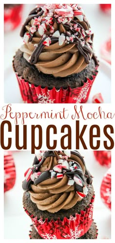 peppermint mocha brownie cupcakes with chocolate frosting and sprinkles