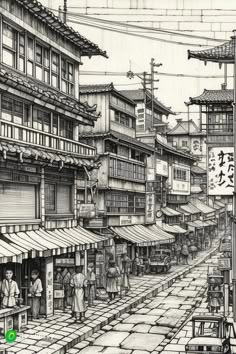 One Point Perspective Japanese Street, Asian Building Drawing, Birds Eye View City Drawing, Architectural Hatching, City Landscape Drawing Pencil, Street Perspective Drawing, Japan Landscape Drawing, Street Sketch Urban Sketchers, Old Japanese Art Style