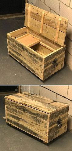 an old trunk is turned into a bench with storage compartments for the top and bottom