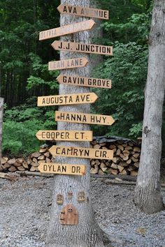 a tree with many wooden signs on it