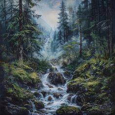 a painting of a stream in the woods