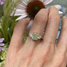 a woman's hand with a yellow diamond ring on her finger and flowers in the background