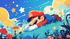 an image of mario on the ground with stars and flowers in the sky behind him