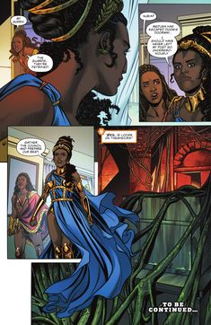 a comic page with an image of a woman in blue and gold clothing, talking to another