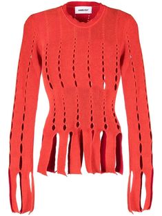 sunset orange cotton blend cut-out detailing round neck long sleeves frayed hem Knit Swatch, Red Long Sleeve Tops, Pointelle Sweater, Sunset Orange, Knitwear Fashion, Knitted Tops, Knit Stitch Patterns, Knitted Top, Edgy Look