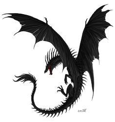 a drawing of a black dragon with red eyes