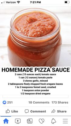 a jar of homemade pizza sauce is shown on the app store's facebook page