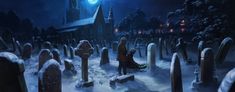 two people standing in the snow next to tombstones at night with lights shining on them