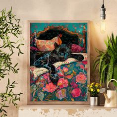 Maximalist Painting Wall, Maximalist Bedroom Purple, Panther Sleeping, Black Panther Wall Art, Pink Maximalist, Maximalist Decor Leopard, Moody Maximalist Wall Art, Leapord Wall Art, Bed Vintage