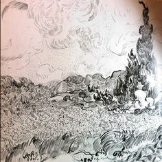 a black and white drawing of a landscape