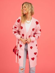 Pink Hearts Cardigan, Woven Cardigan, Heart Cardigan, Gilet Long, Winter Mode, Cozy Cardigan, Cardigan Long, Long Sweaters Cardigan, Red Hearts